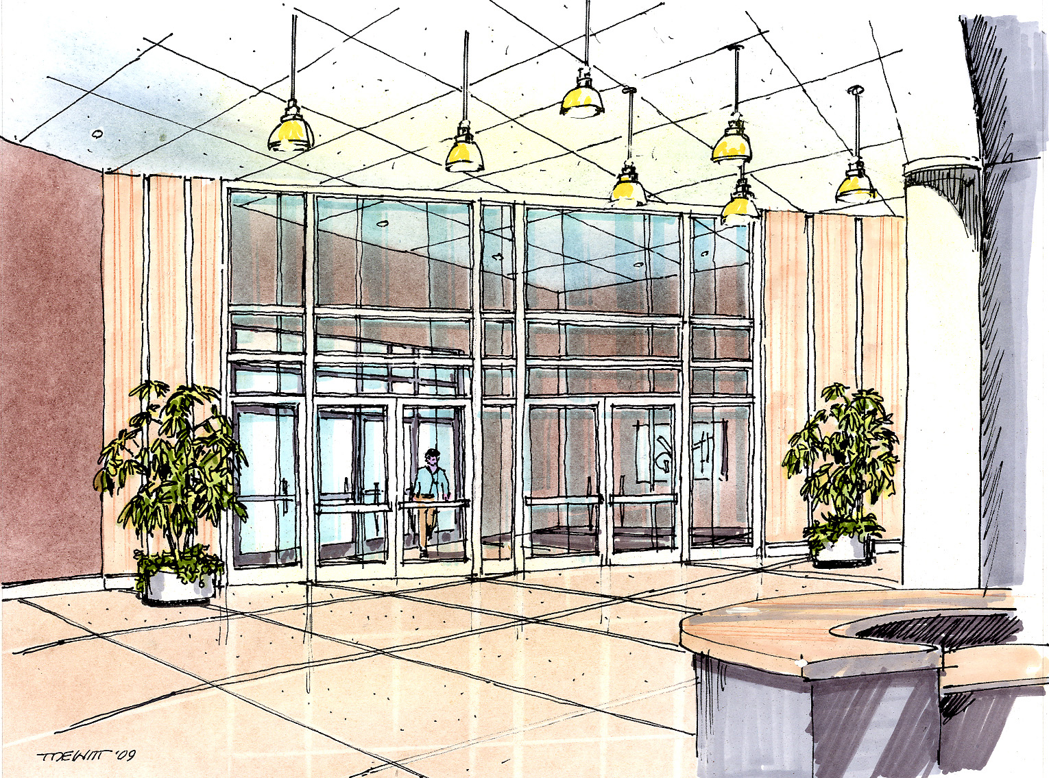 Architectural drawing of a lobby interior
